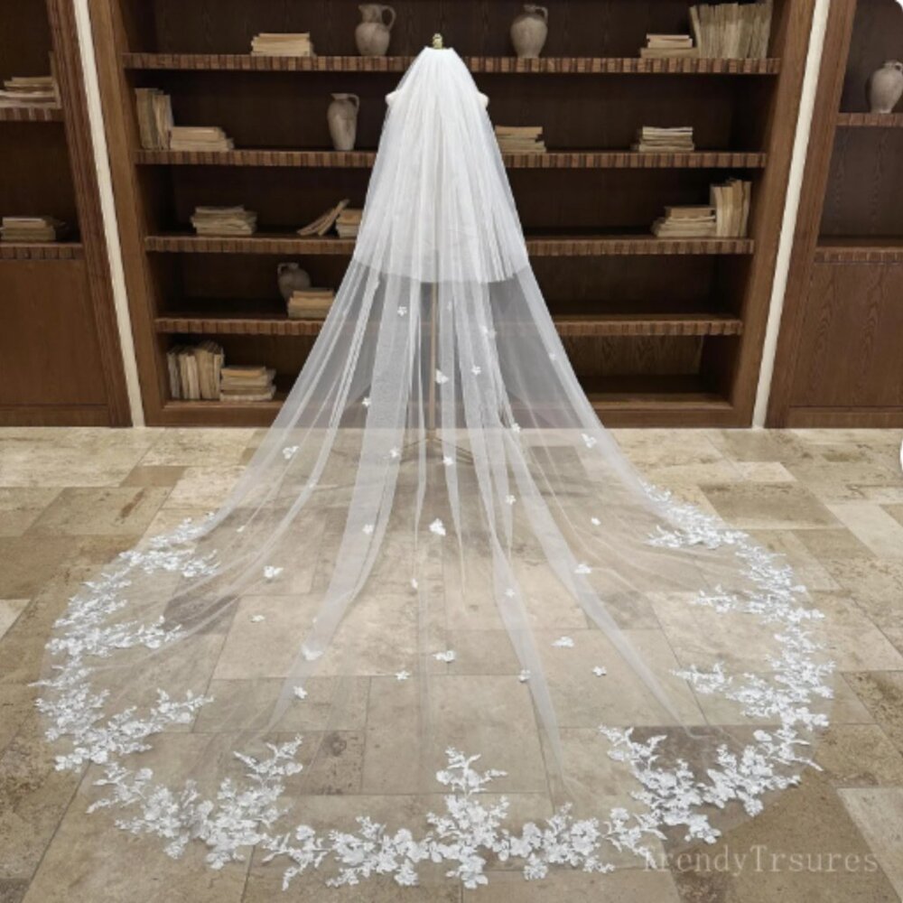 White Blusher Cathedral Drop Veil Scattered Floral Appliques Wedding Veil 2 Tier